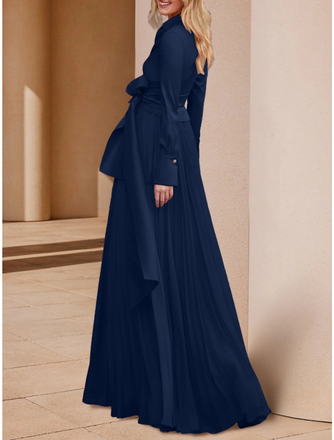 Dark Navy Chiffon A-Line V-Neck Floor-Length Dress with Wrap Bodice