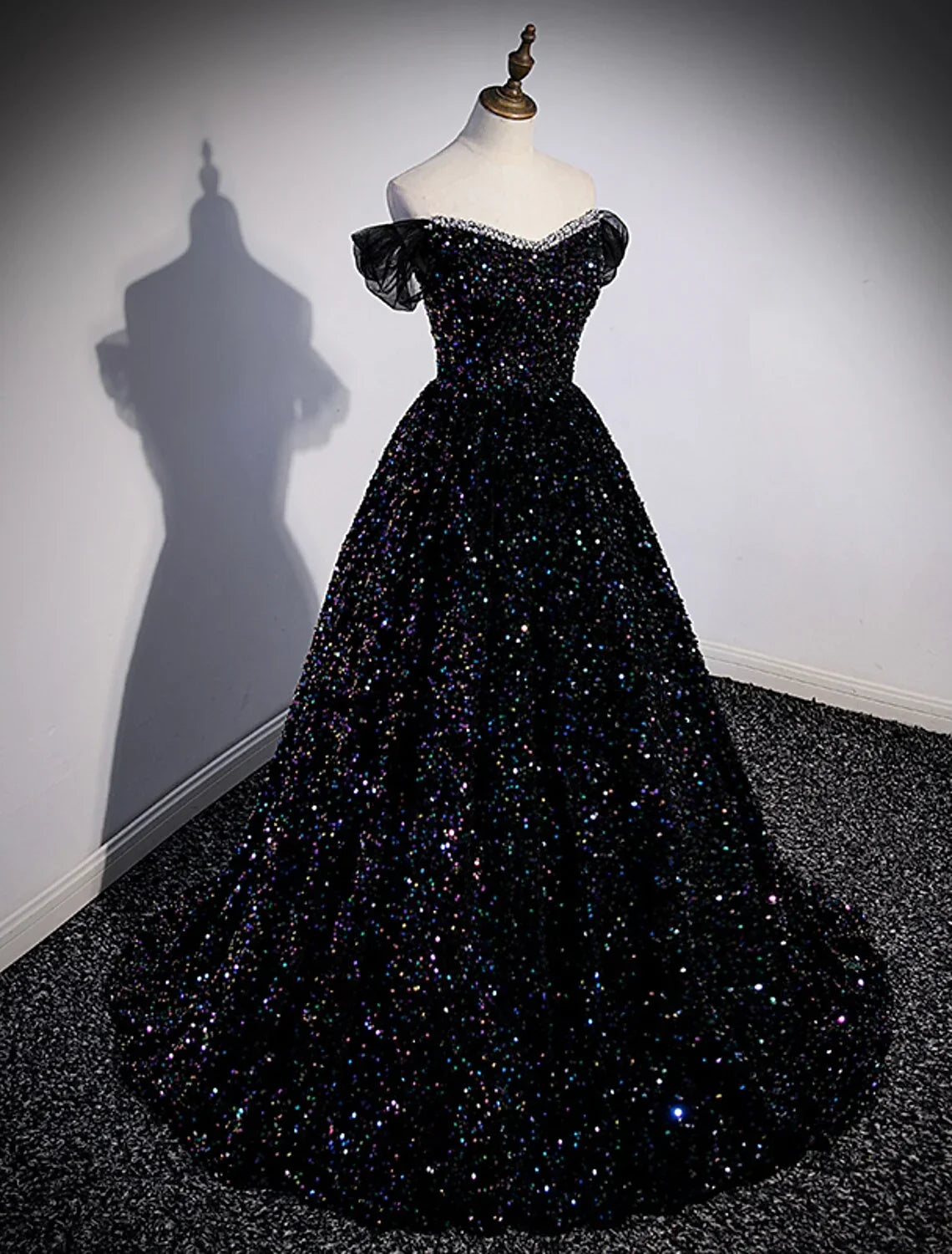 Glamorous Black Sequin Off-the-Shoulder A-Line Floor-Length Evening Dress