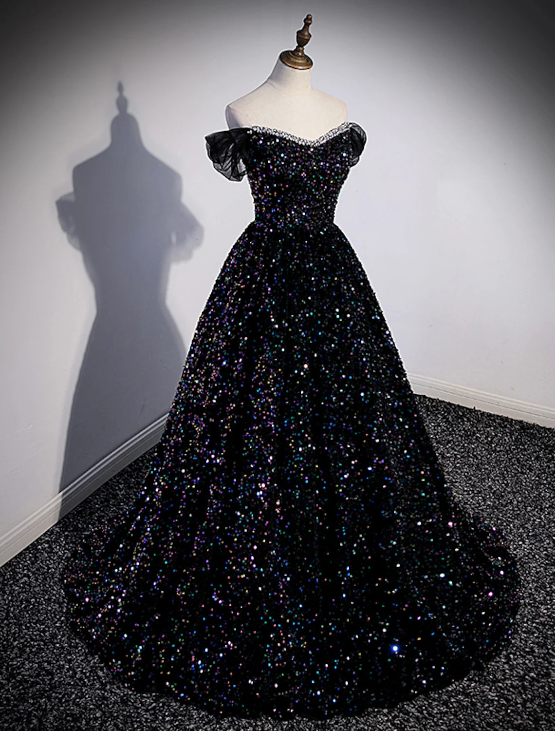 Black Sequin Off-the-Shoulder A-Line Floor-Length Evening Dress