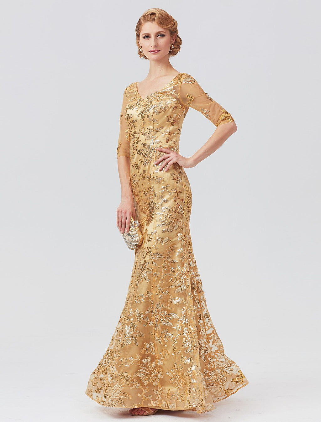 Vestido de sirena/trompeta para madre de la novia, elegante, con brillo y brillo, escote en V, largo hasta el suelo, tul con lentejuelas, media manga con lentejuelas