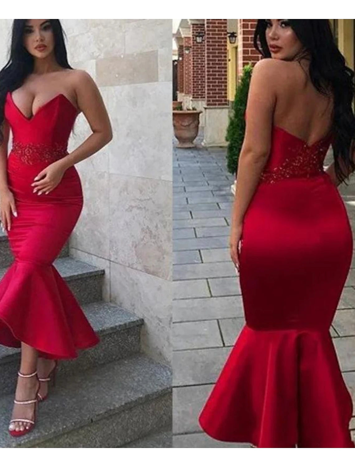 Vestidos de fiesta de sirena/trompeta, sin espalda, para regreso a casa, cóctel, largo hasta los tobillos, sin mangas, cuello en V, satén italiano, sin espalda con apliques
