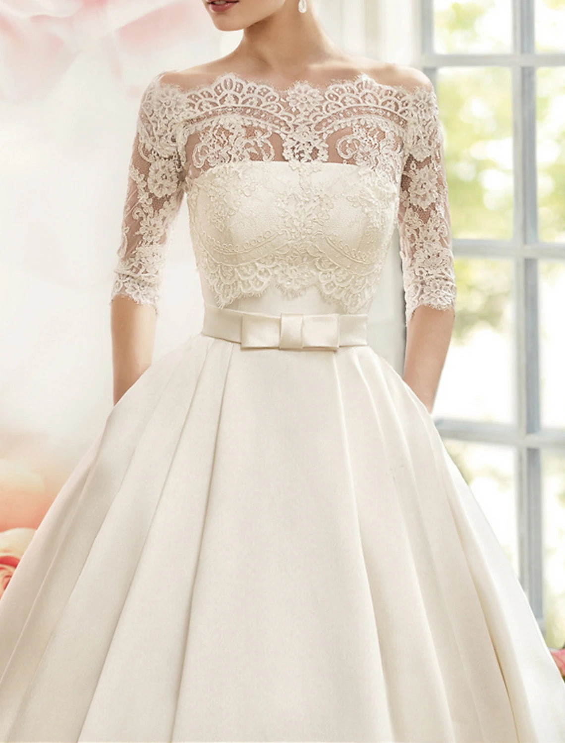 Vestidos de novia formales de compromiso, vestido de fiesta, hombros descubiertos, media manga, cola de corte, vestidos de novia de satén con lazo(s) y pliegues