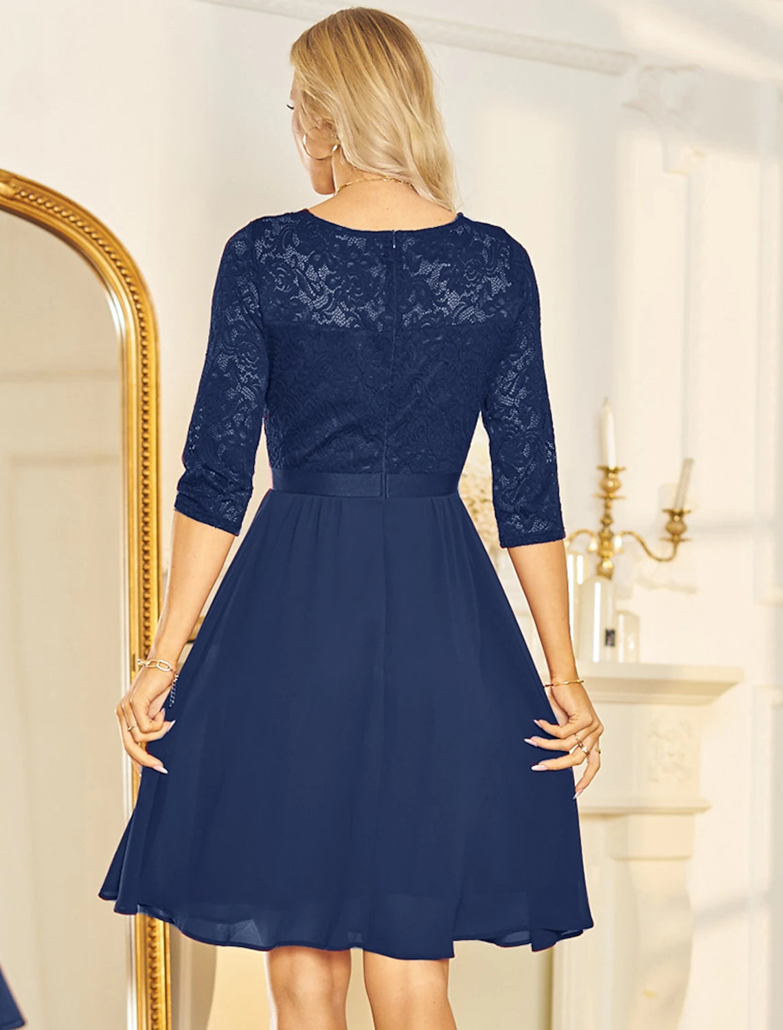 Dark Navy Lace Chiffon Midi A-Line Bridesmaid Dress with V-Neckline & Scalloped Bodice