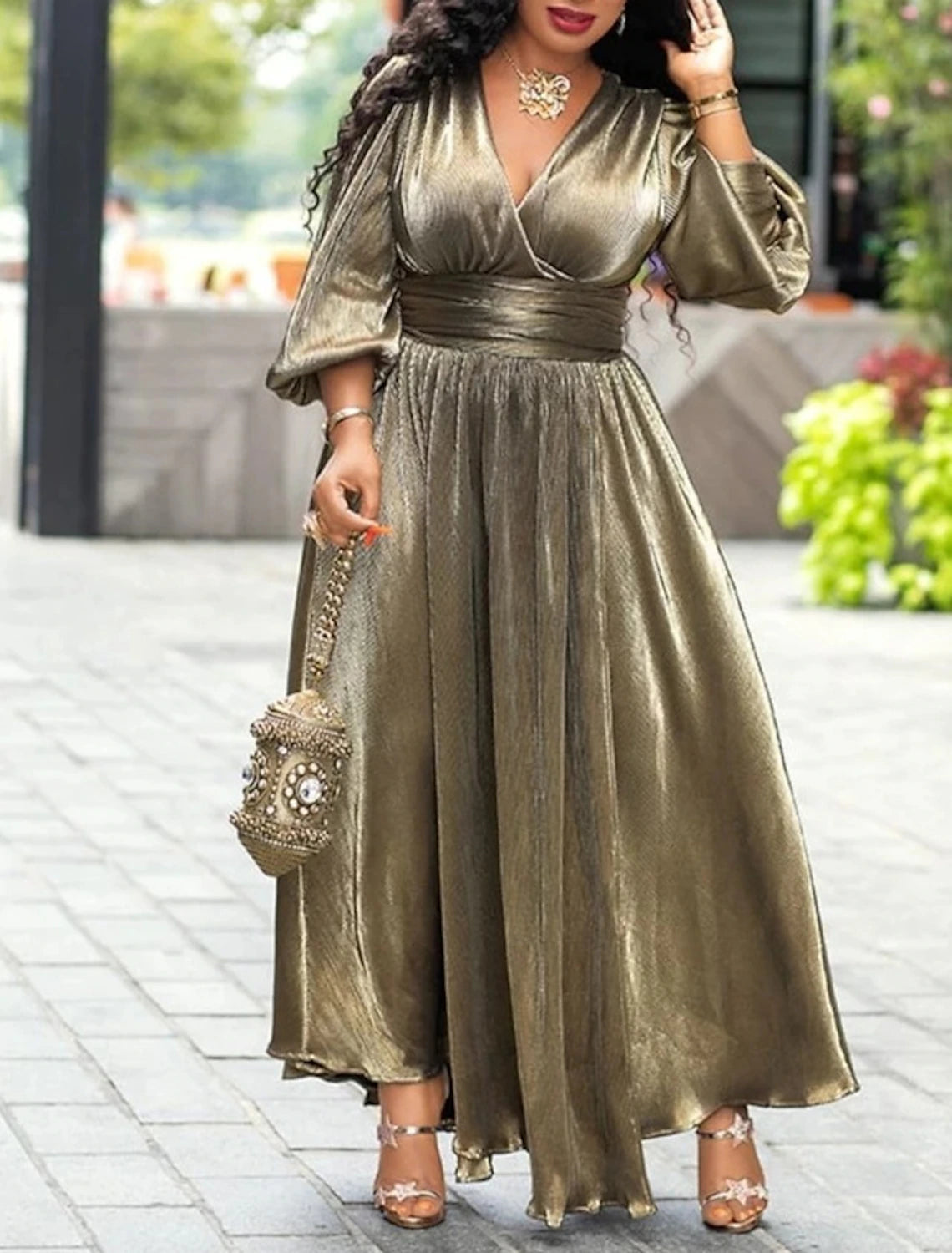 Abiti da ballo a trapezio, scintillanti, per le feste, per gli invitati alle nozze, lunghi fino al pavimento, maniche lunghe, scollo a V, tessuto in lurex con spacco glitterato