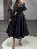 Vestido de noche elegante de corte A, formal, largo hasta la rodilla, manga larga, escote en V, satén con pliegues brillantes y fruncido.