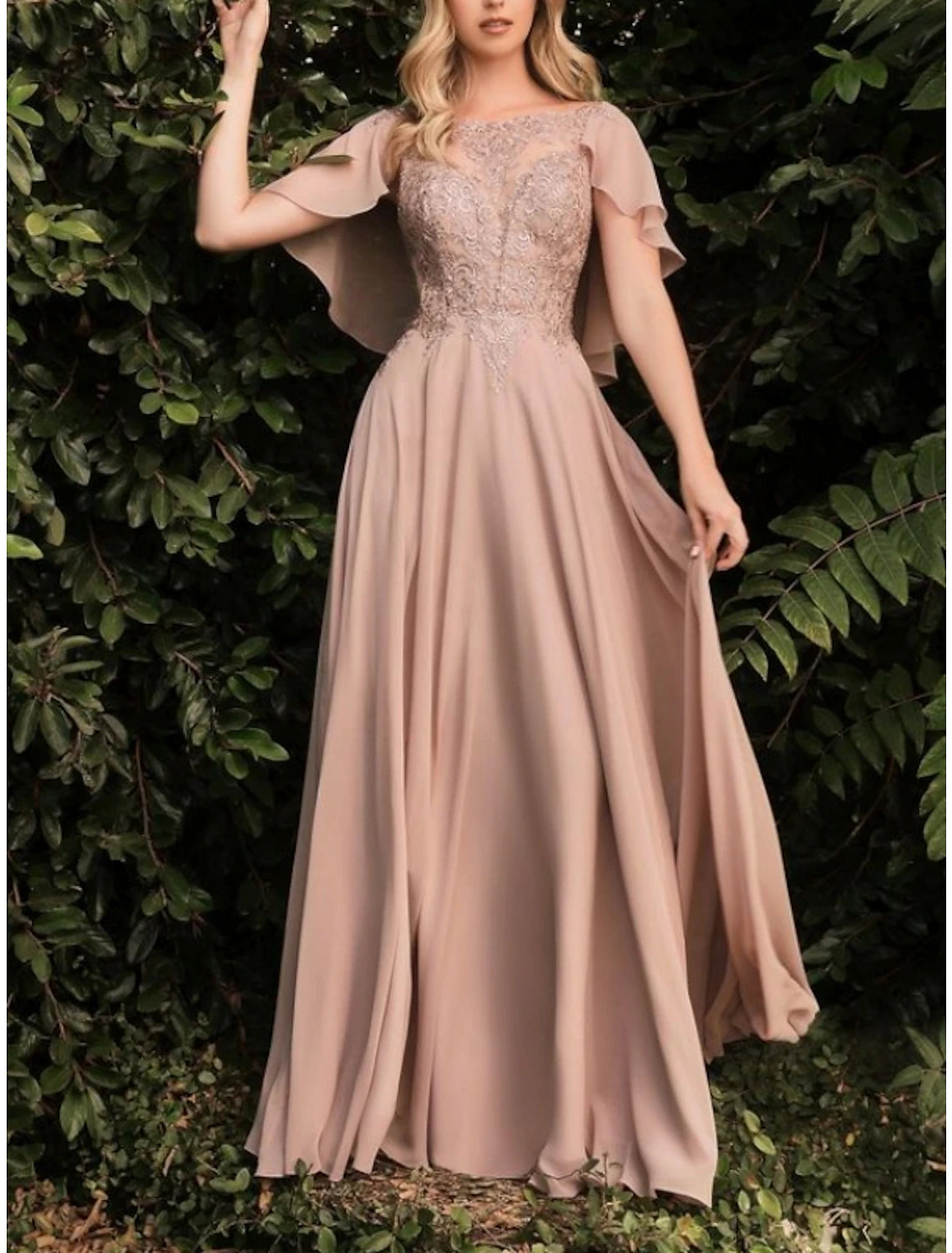 Slate Blue Chiffon A-Line Floor-Length Evening Dress with Illusion Neck
