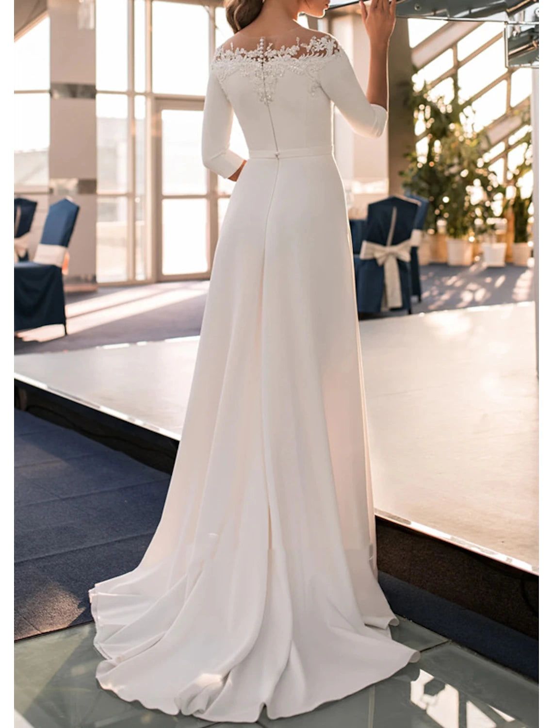 Ivory Crepe Off-the-Shoulder Floor-Length Evening Dress with Lace Neckline