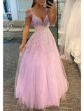 Lavender V-Neck A-Line Floor-Length Tulle Evening Dress with Lace Appliqué