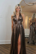 Bronze Glitter Fabric A-Line Halter Open-Back Floor-Length Dress Front View - Jimiss