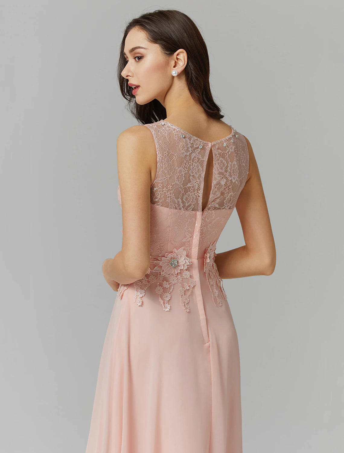 Blushing Pink Chiffon A-Line Floor-Length Dress with Lace bodice + Floral appliques and Scoop Neck | Jimiss