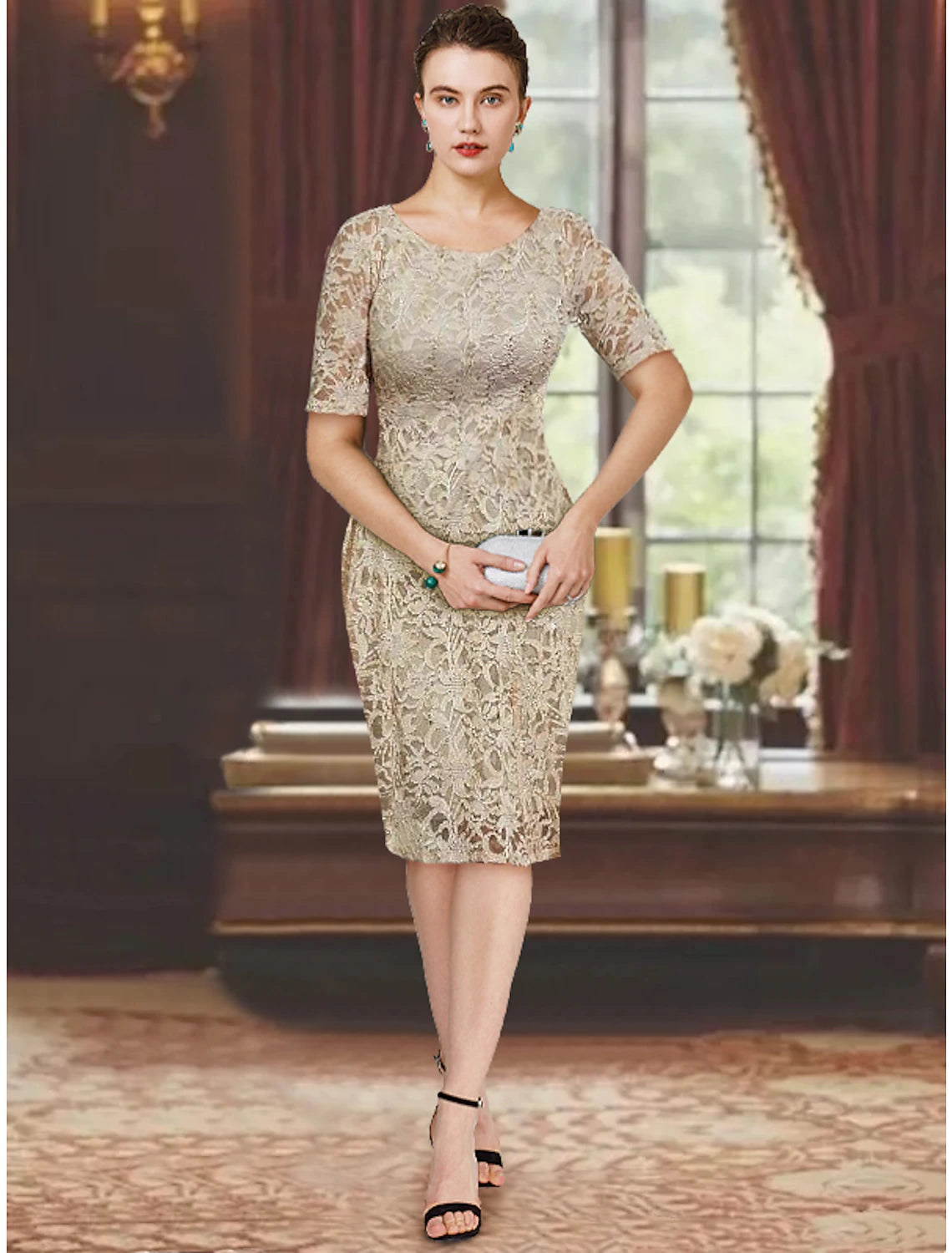 Vestido de dos piezas tipo tubo/columna para madre de la novia, elegante vestido formal para invitada de boda, escote redondo hasta la rodilla, de gasa, con encaje, manga corta, chaqueta, color liso