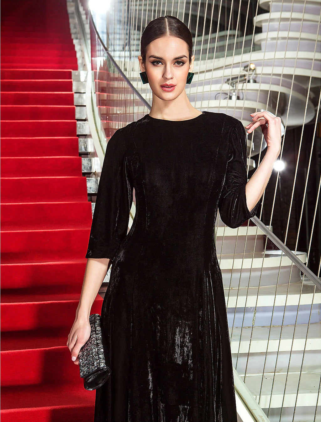 Black Velvet A-Line Floor-Length Evening Dress with Three-quarter Sleeves
