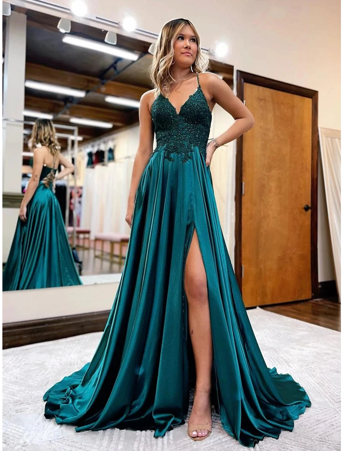 Royal Blue Satin A-Line V-Neck Floor-Length Evening Gown