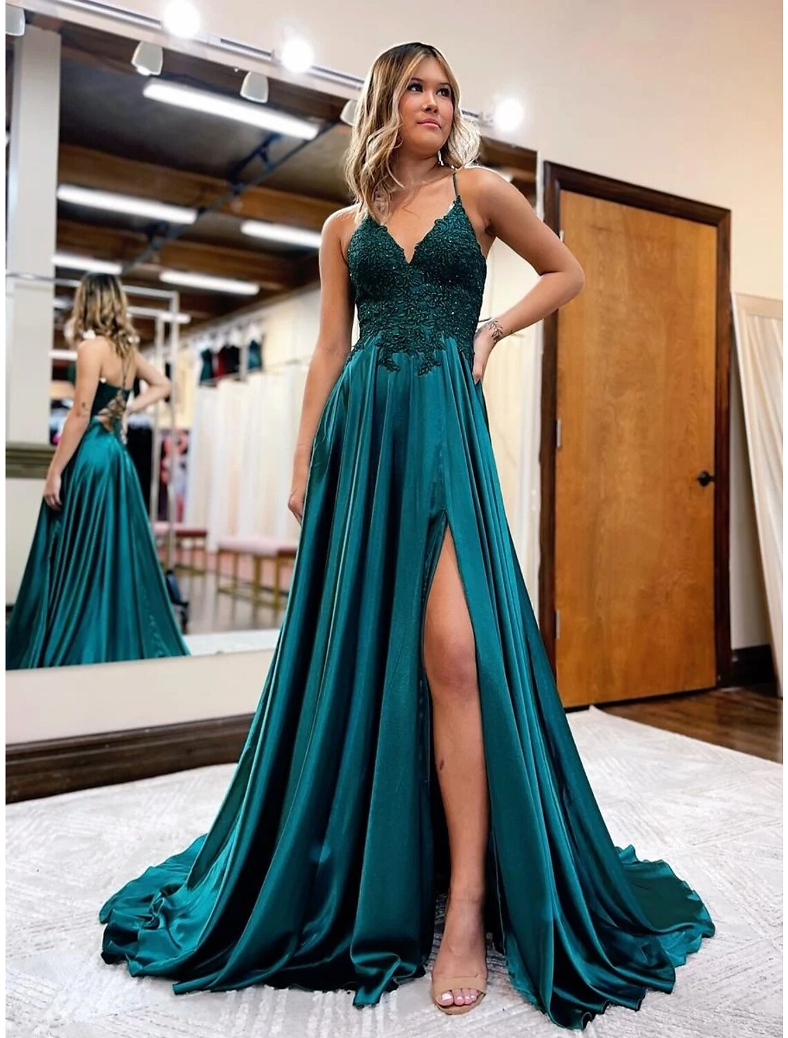 Royal Blue Satin A-Line Floor-Length V-Neck Evening Dress