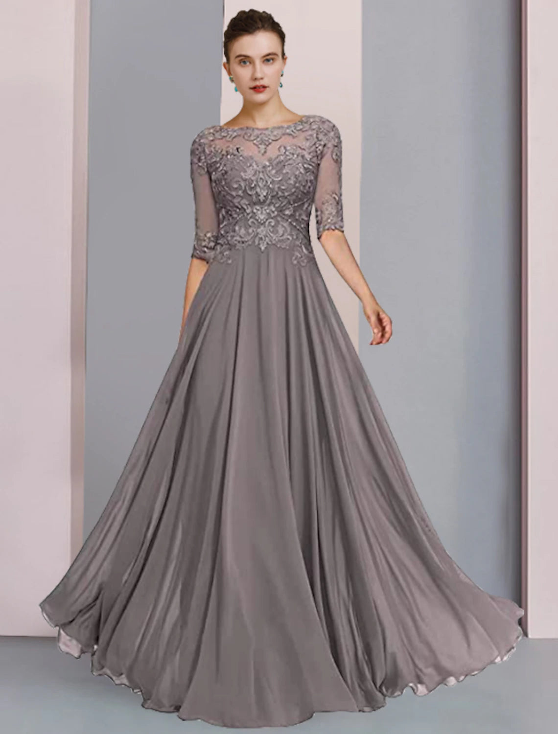 Grey Chiffon A-Line Floor-Length Evening Dress with Illusion Lace Bodice & 3/4 Sleeves
