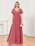 Dusty Rose Chiffon A-Line V-Neck Bridesmaid Floor-Length Dress
