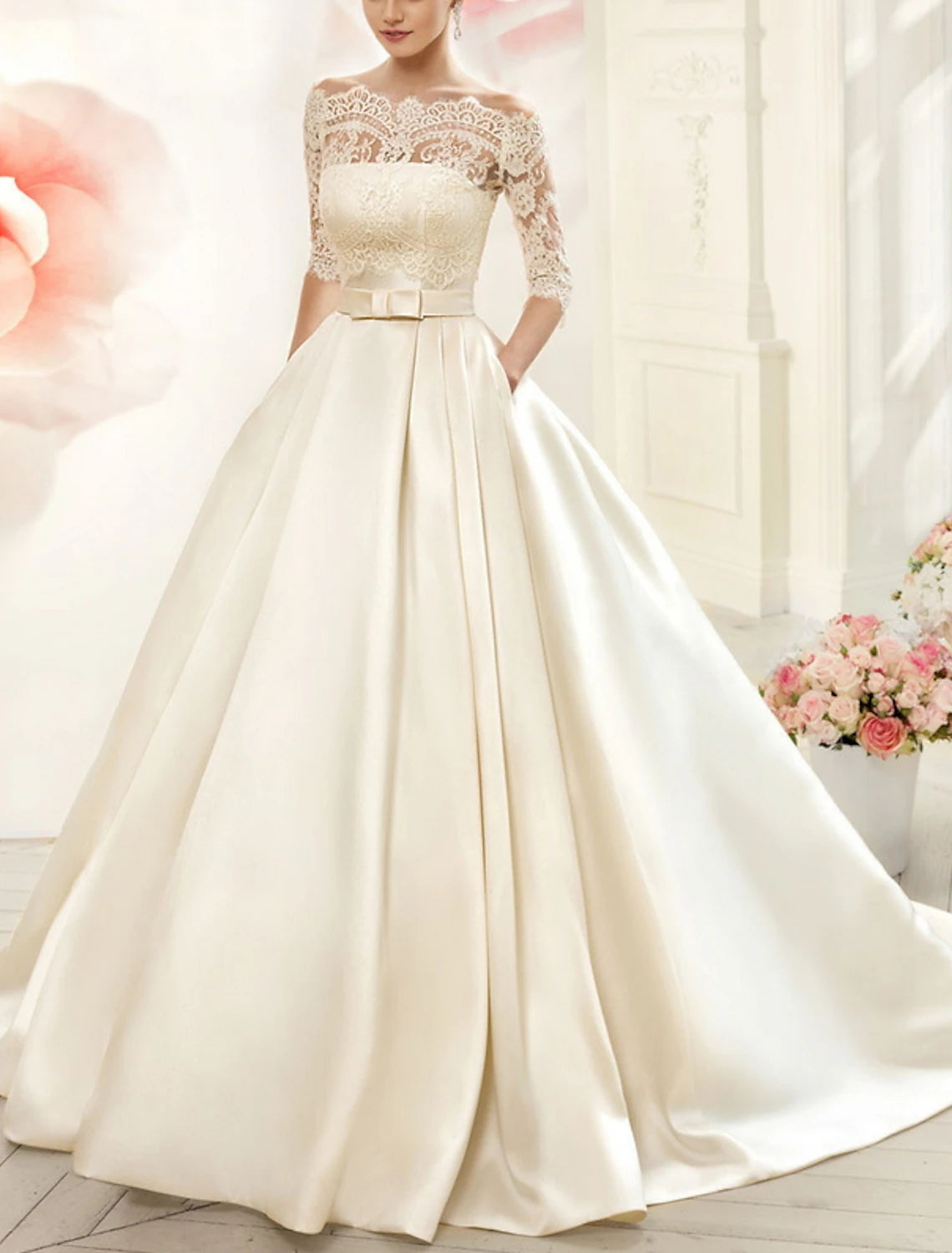 Vestidos de novia formales de compromiso, vestido de fiesta, hombros descubiertos, media manga, cola de corte, vestidos de novia de satén con lazo(s) y pliegues