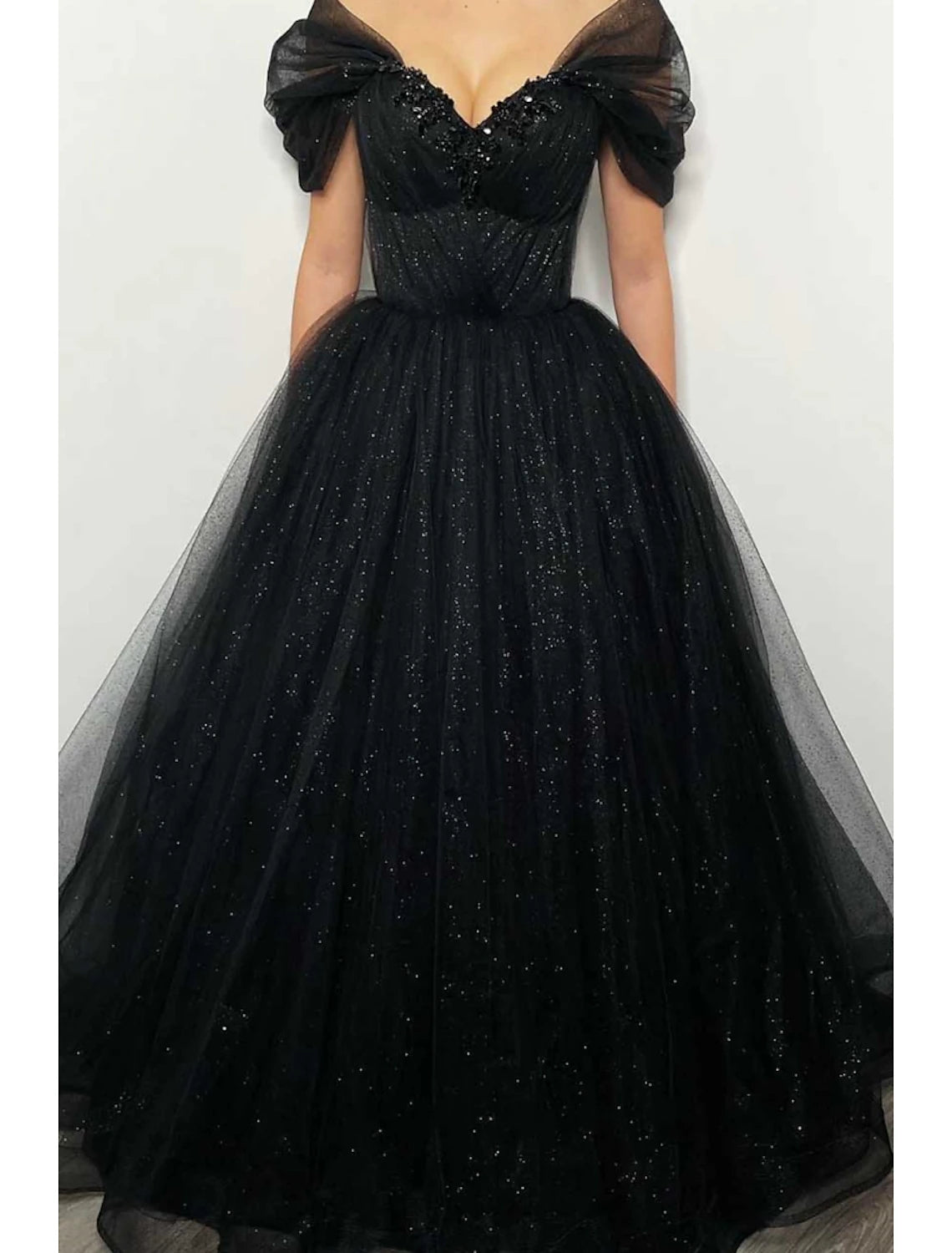 A-Line Prom Dresses Elegant Dress Formal Floor Length Black Dress Short Sleeve Off Shoulder Tulle with Pleats Beading Sequin 2025