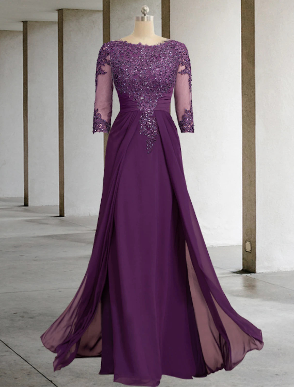 Purple Lace A-Line Floor-Length Evening Dress - Boat Neck, Embroidered Bodice, High Slit