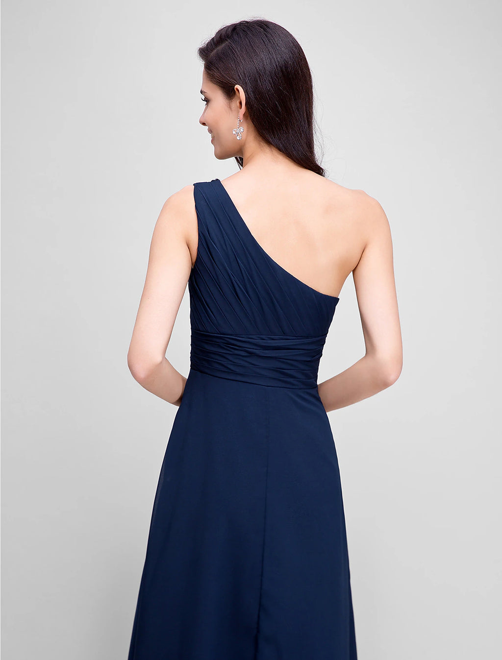 Navy Blue Chiffon A-Line One Shoulder Floor-Length Bridesmaid Dress with Pleated Bodice