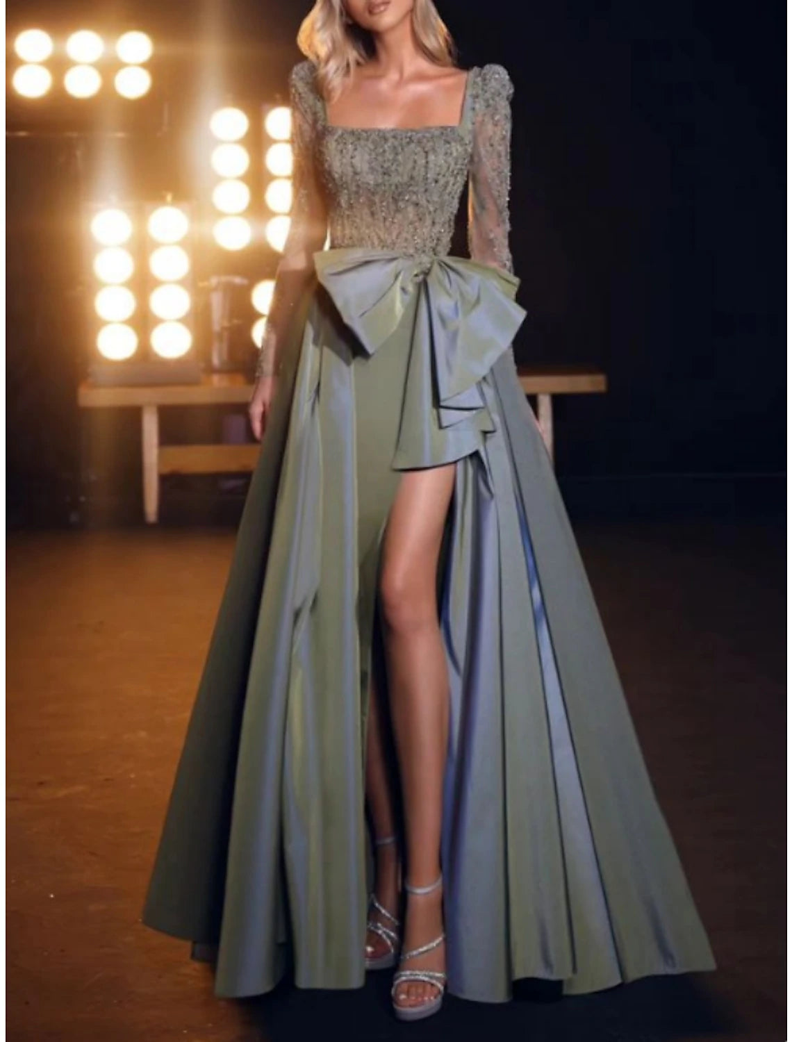 A-Line Prom Dresses Elegant Dress Formal Sweep / Brush Train Long Sleeve Square Neck Satin with Bow(s) Sequin Slit 2025