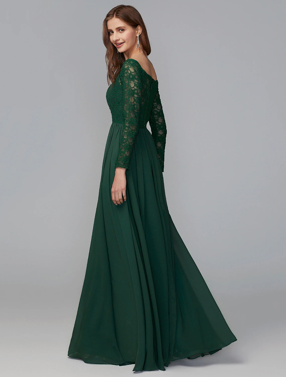 Abito da damigella d'onore a trapezio, con spalle scoperte, maniche lunghe, elegante, lunghezza pavimento, in chiffon/pizzo con pizzo