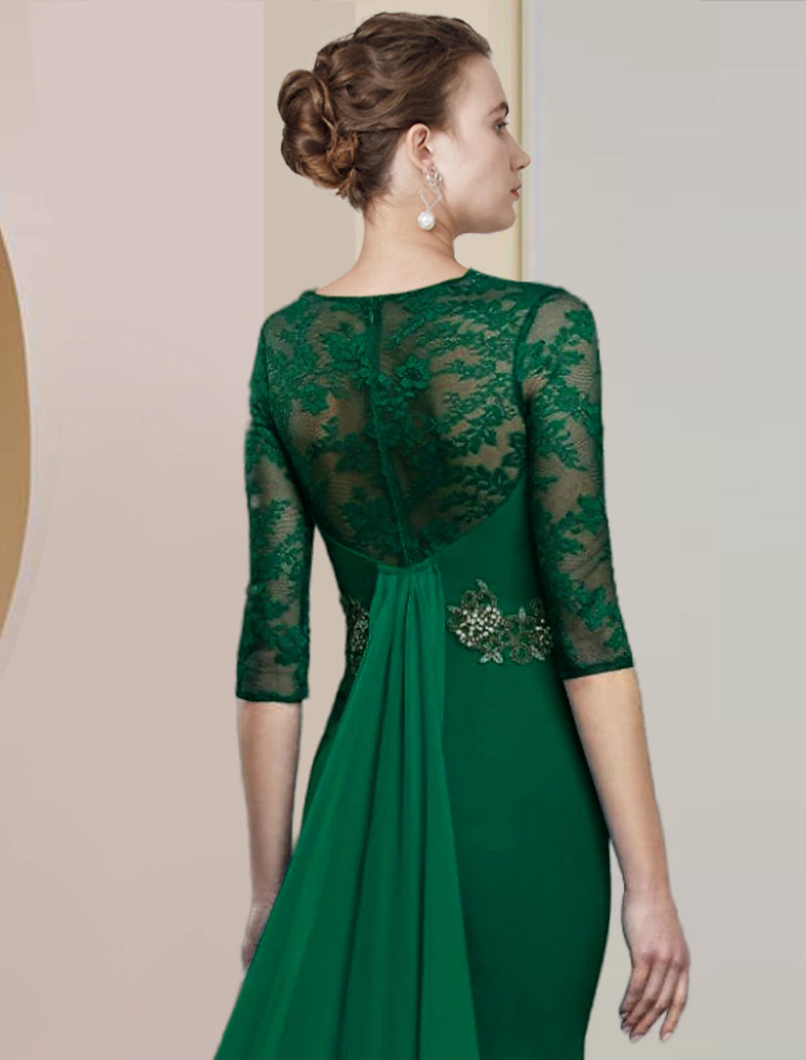 Emerald Crepe Mermaid Evening Dress with Lace Sleeves & Front Split
