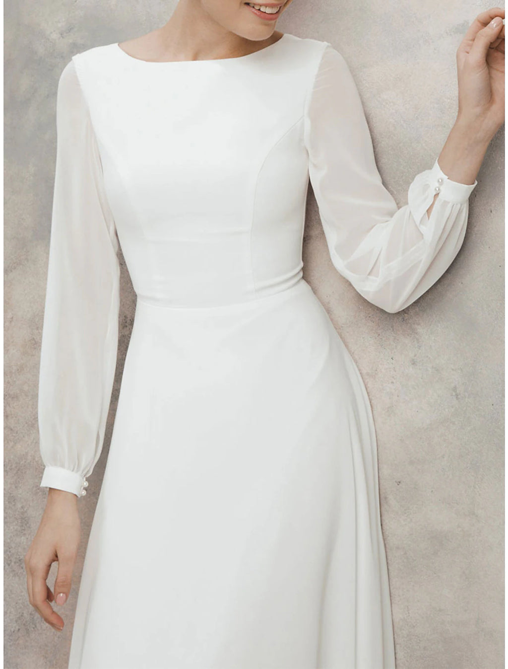 Ivory Chiffon A-Line Tea-Length Bridesmaid Dress with Sheer Long Sleeves