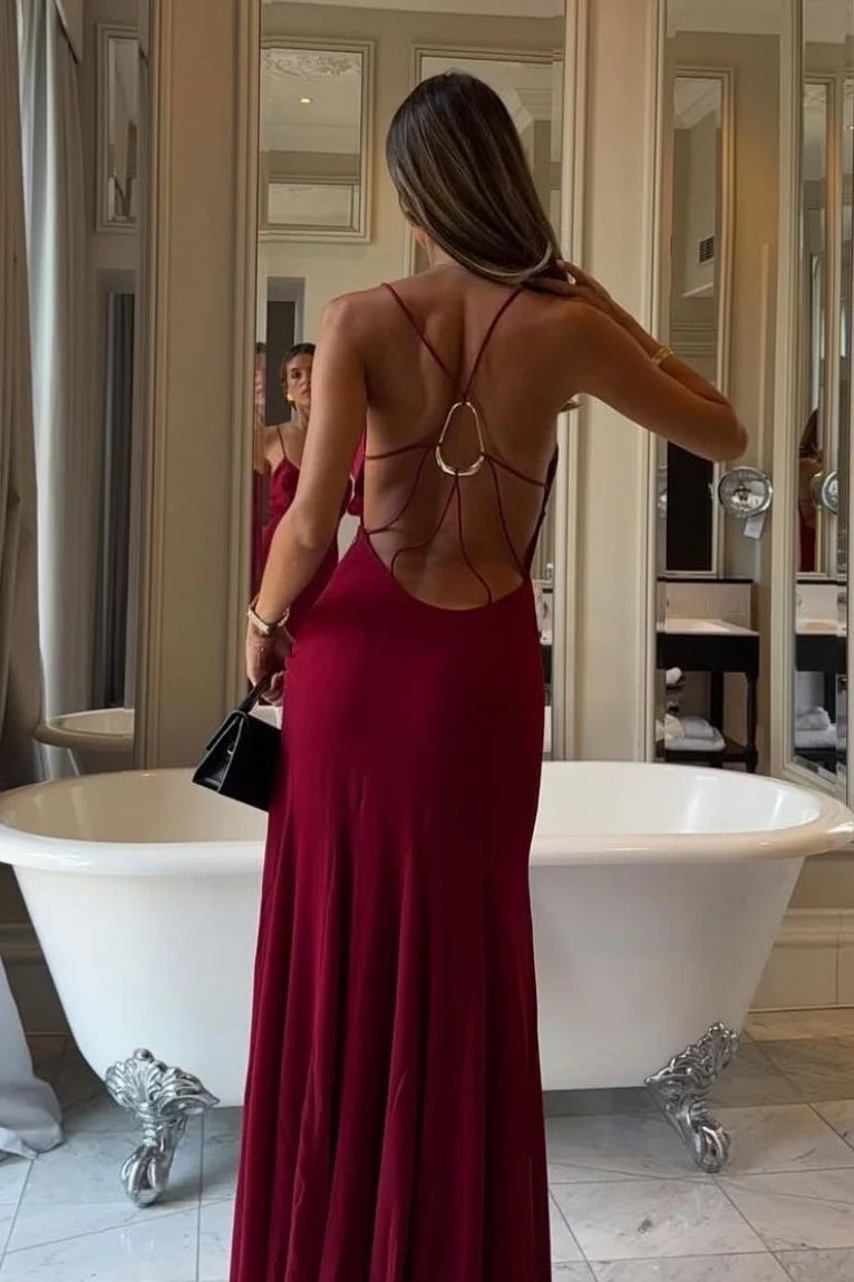 Burgundy Crepe sheath-column v-neck open-back floor-length Dress Back View - Jimiss