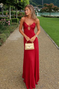 Burgundy Crepe sheath-column v-neck open-back floor-length Dress Front View - Jimiss