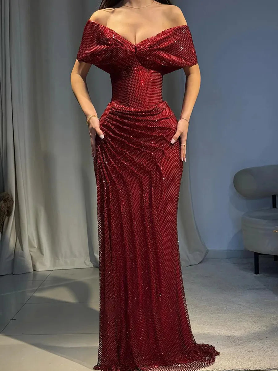 Burgundy Glitter Mesh sheath-column off-the-shoulder low-back floor-length Dress - Jimiss