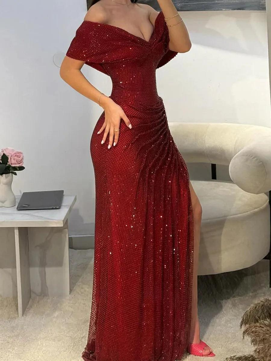 Burgundy Glitter Mesh sheath-column off-the-shoulder low-back floor-length Dress - Jimiss
