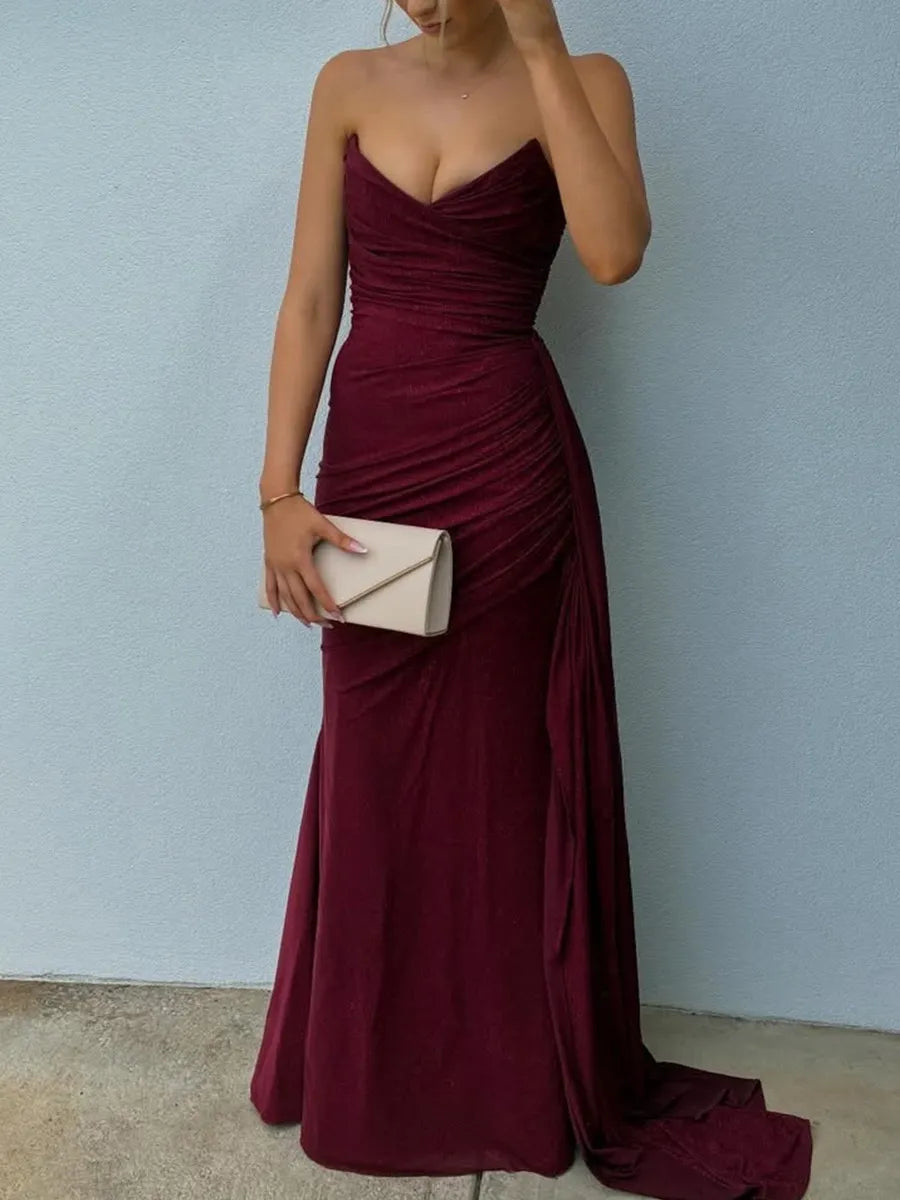 Burgundy Glitter Mesh sheath-column sweetheart zipper-back floor-length Dress - Jimiss
