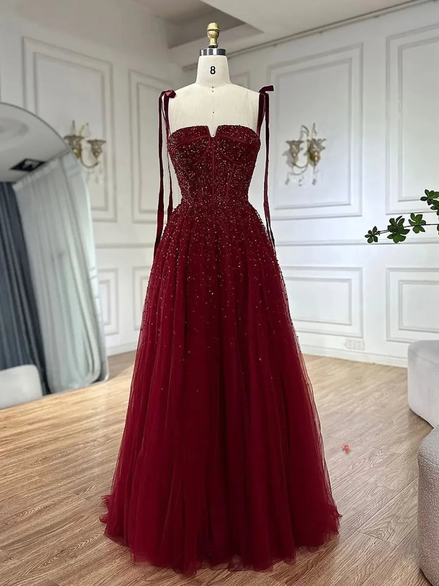 Burgundy Glitter Tulle A-Line Sweetheart Lace Up Back Floor-Length Dress - Jimiss