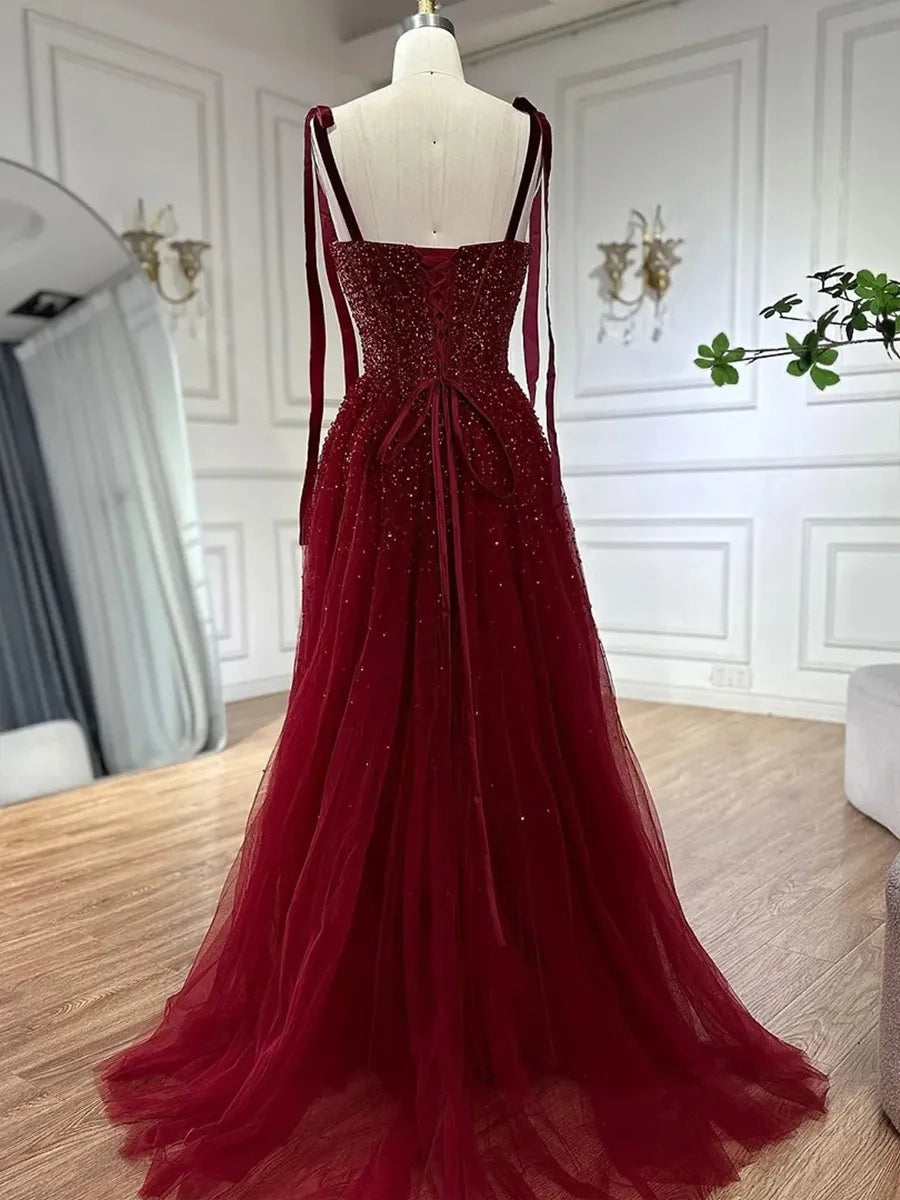 Burgundy Glitter Tulle A-Line Sweetheart Lace Up Back Floor-Length Dress - Jimiss