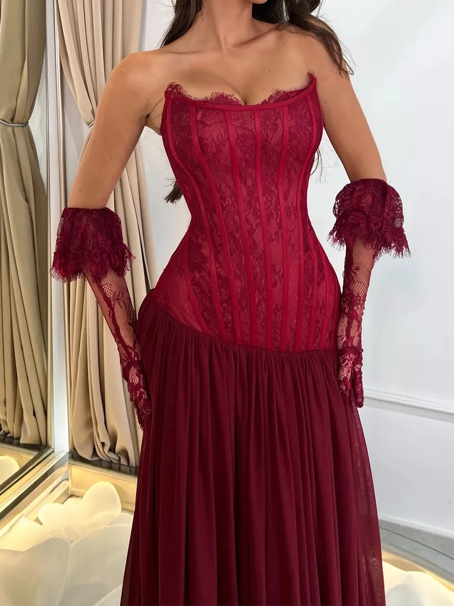 Burgundy Lace & Tulle A-Line Sweetheart Zipper-Back Floor-Length Dress Detail - Jimiss