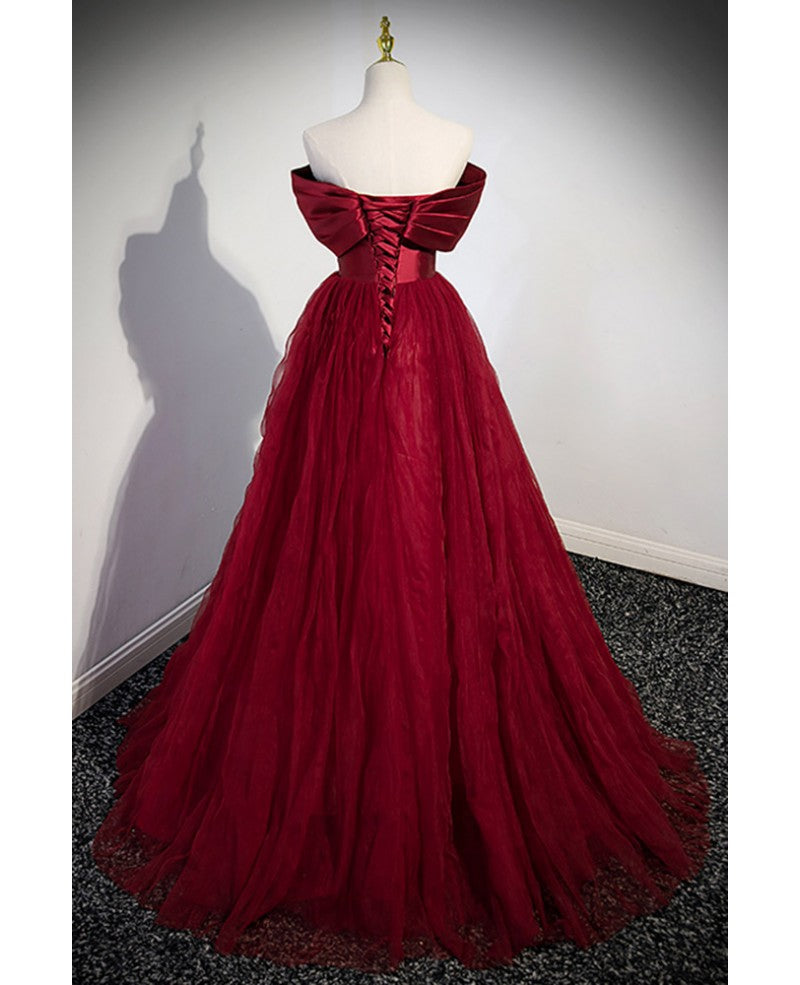 Vestido de noche único y elegante de color rojo vino, sin tirantes, con hombros descubiertos, corte princesa en forma de A, lazo, manga corta, espalda descubierta, tirantes y largo hasta el suelo.