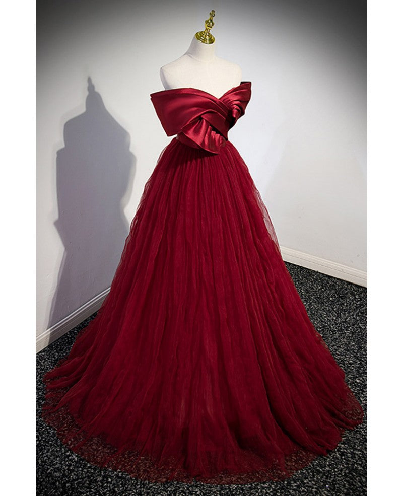 Vestido de noche único y elegante de color rojo vino, sin tirantes, con hombros descubiertos, corte princesa en forma de A, lazo, manga corta, espalda descubierta, tirantes y largo hasta el suelo.