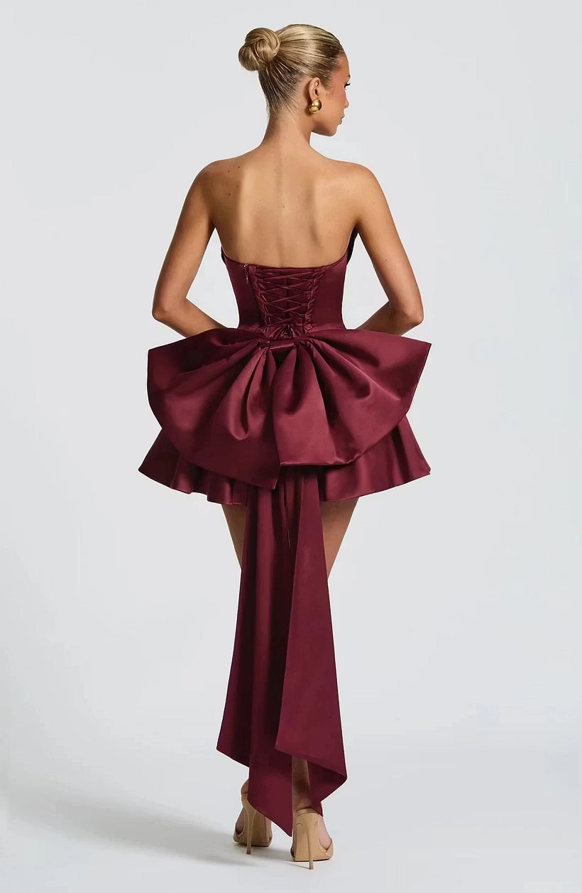 Burgundy Satin A-Line Cowl Neck Lace-Up Back Mini Dress Back View - Jimiss