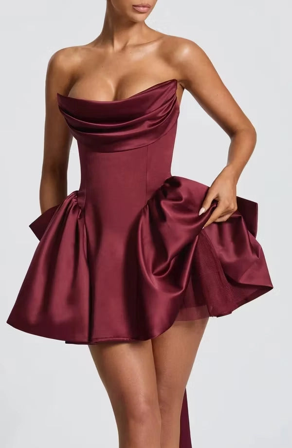 Burgundy Satin A-Line Cowl Neck Lace-Up Back Mini Dress Detail - Jimiss