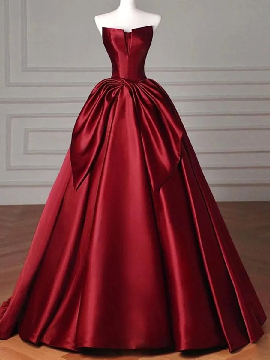 Burgundy Satin ball-gown strapless lace-up-back floor-length Dress - Jimiss