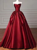 Burgundy Satin ball-gown strapless lace-up-back floor-length Dress - Jimiss