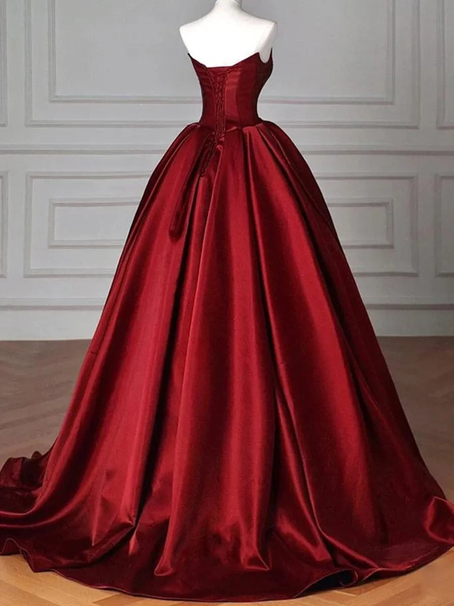 Burgundy Satin ball-gown strapless lace-up-back floor-length Dress - Jimiss