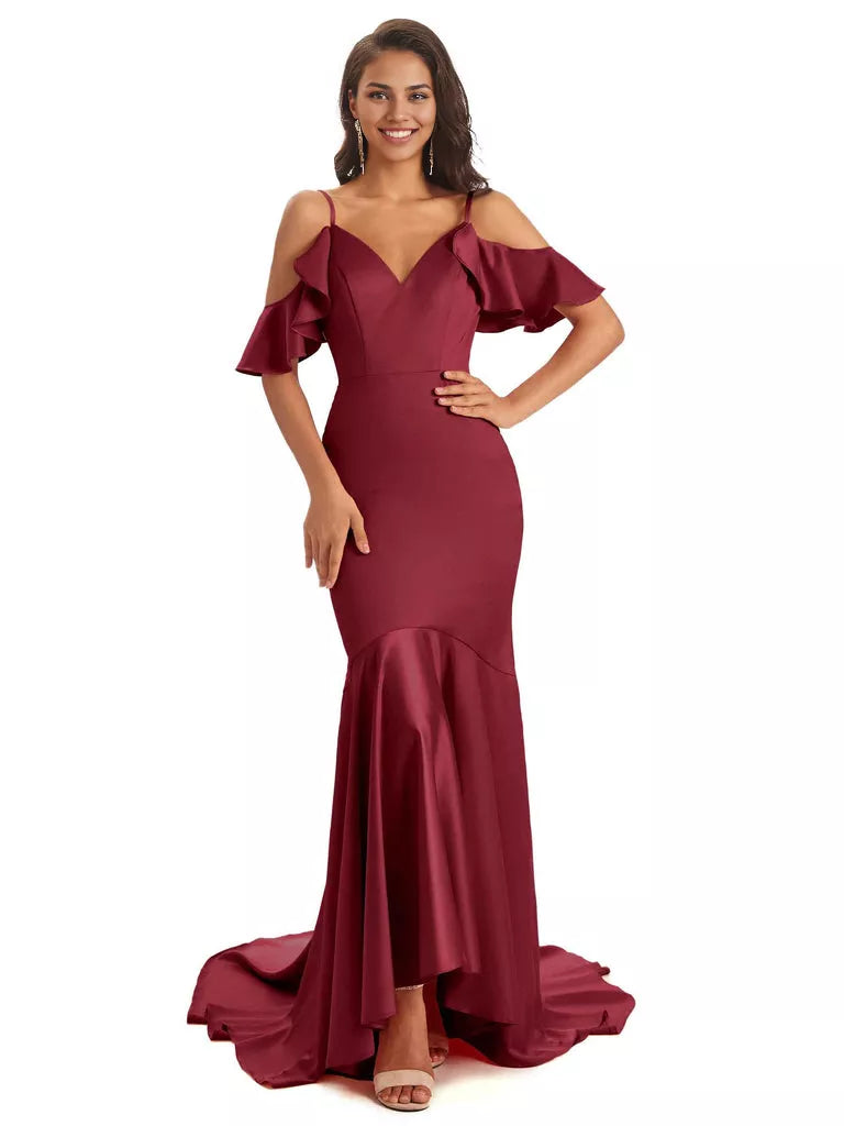 Soft Satin Asymmetric Spaghetti Straps Sleeveless Mermaid Cold Shoulder Bridesmaid Dresses