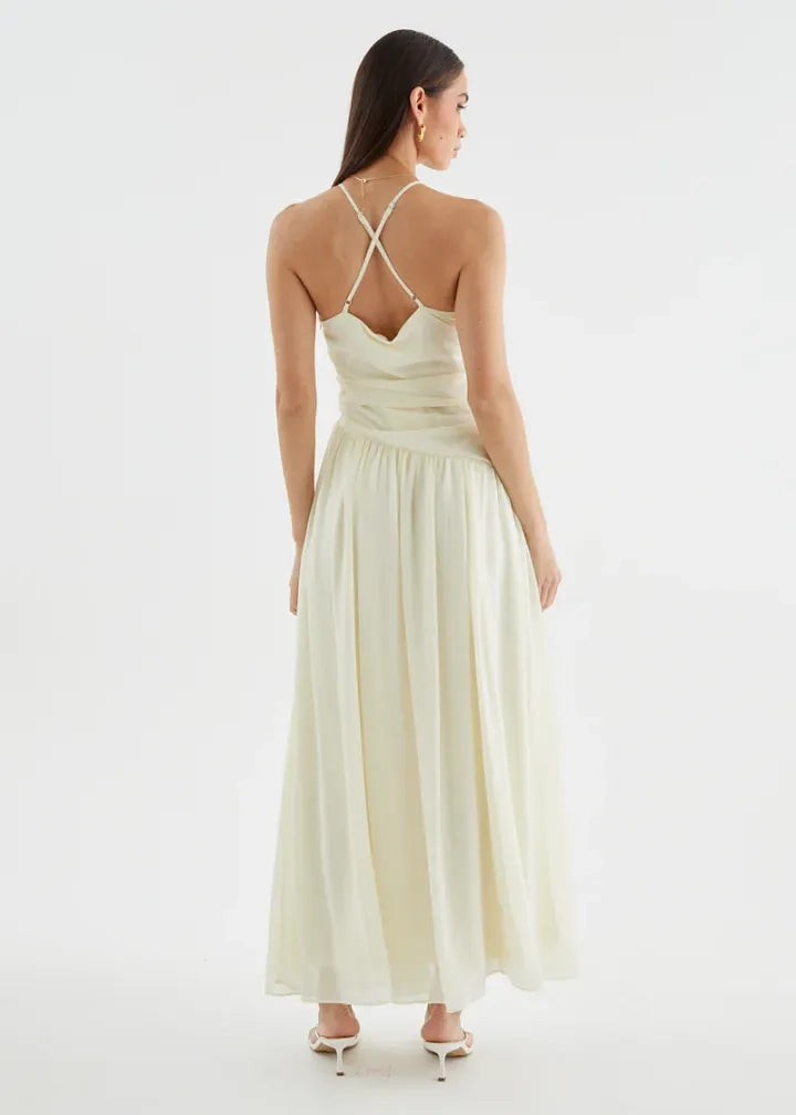 Butter Chiffon A-Line Halter Cross-Back Ankle-Length Dress Back View - Jimiss