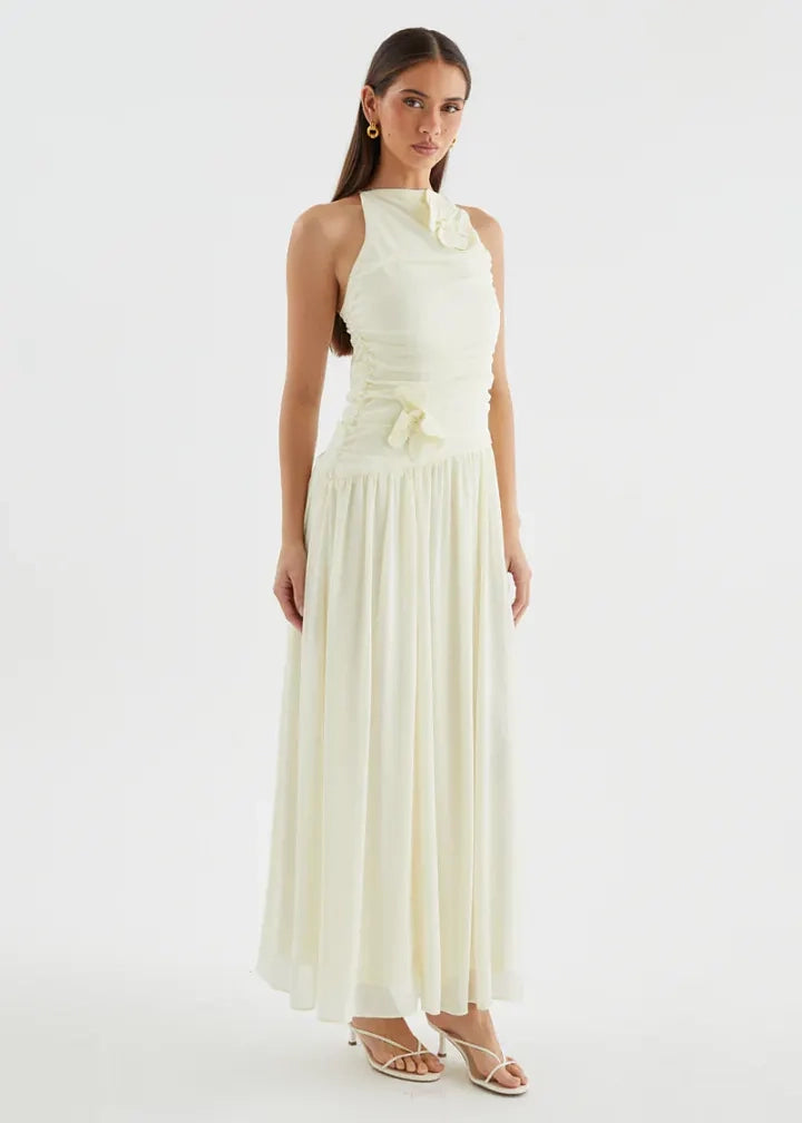 Butter Chiffon A-Line Halter Cross-Back Ankle-Length Dress Detail - Jimiss