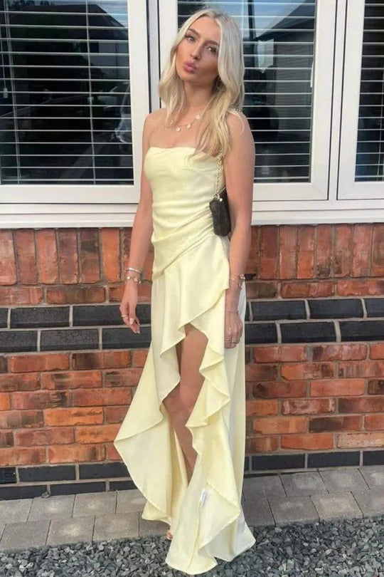Butter Crepe A-Line Straight-Across Low-Back High-Low Dress Front View - Jimiss