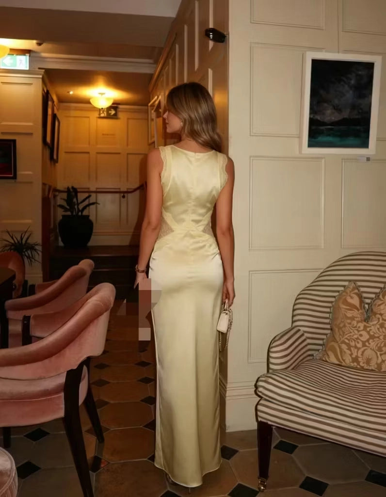 Butter Satin sheath-column v-neck zipper-back floor-length Dress Back View - Jimiss