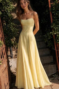 butter yellow Chiffon A-Line Square Neck Low Back with Zipper Floor Length Dress Front View - Jimiss