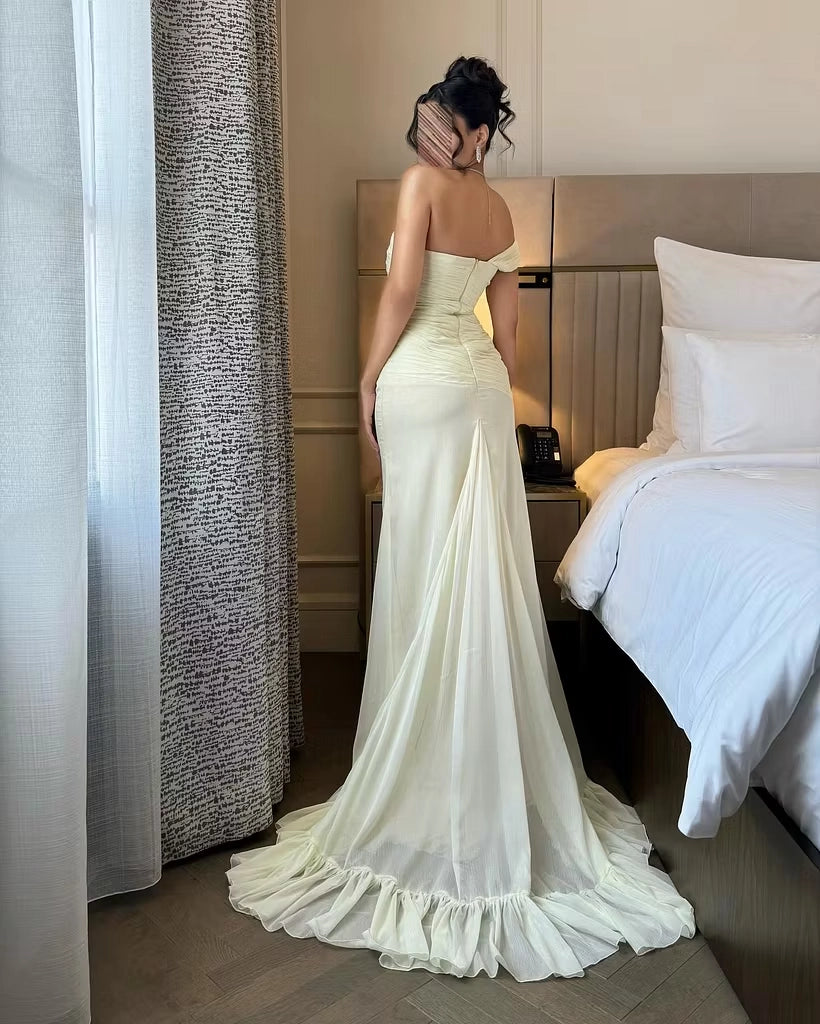 Butter Yellow Chiffon Mermaid Off The Shoulder Zipper Back Floor Length Dress Back View - Jimiss